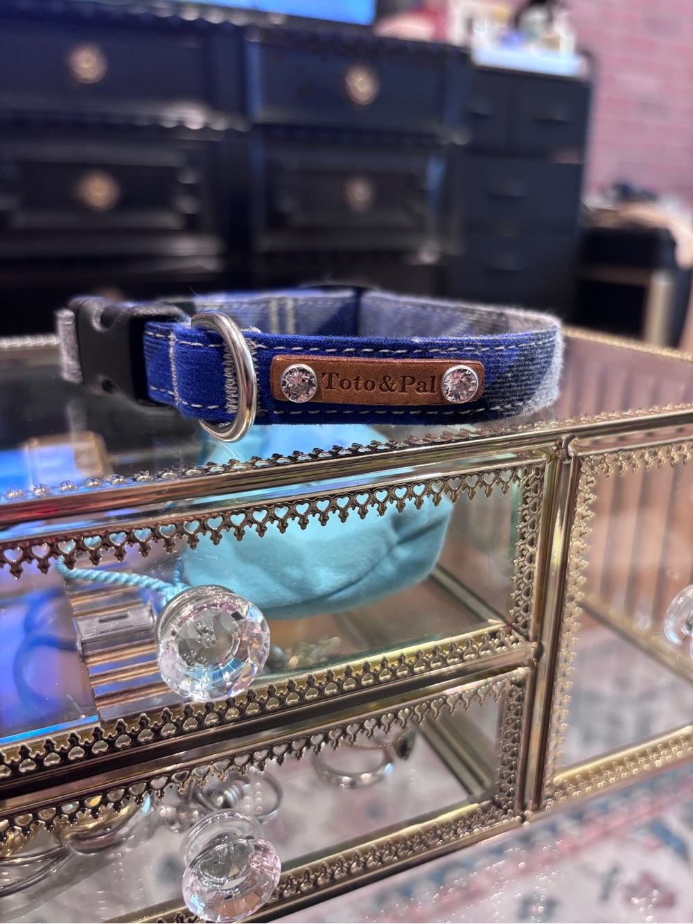 Toto & Pal Blue Plaid Dog Collar with Swarovski Crystals